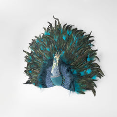 Decoratiune Craciun, Pasare Paun cu pene naturale, de agatat, albastru, 45cm