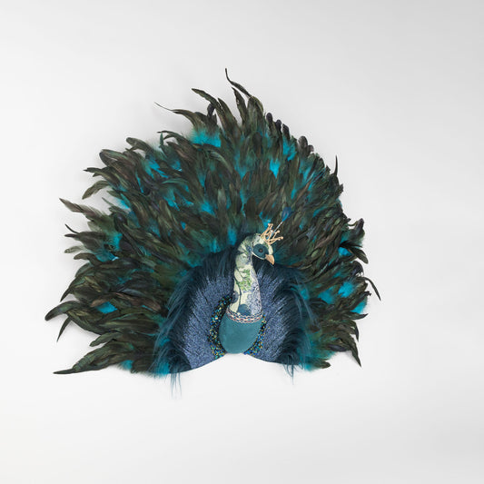 Decoratiune Craciun, Pasare Paun cu pene naturale, de agatat, albastru, 45cm