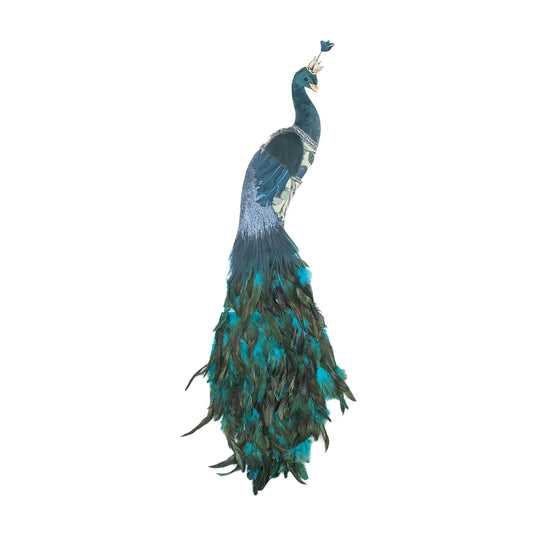 Decoratiune Craciun, Pasare Paun cu pene naturale, de agatat, albastru, 110cm