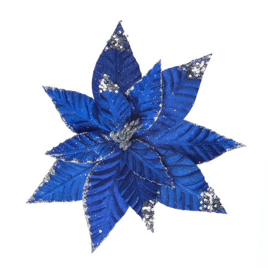 Decoratiune brad, floare Craciunita artificiala cu catifea si glitter, albastru, Ø26 cm