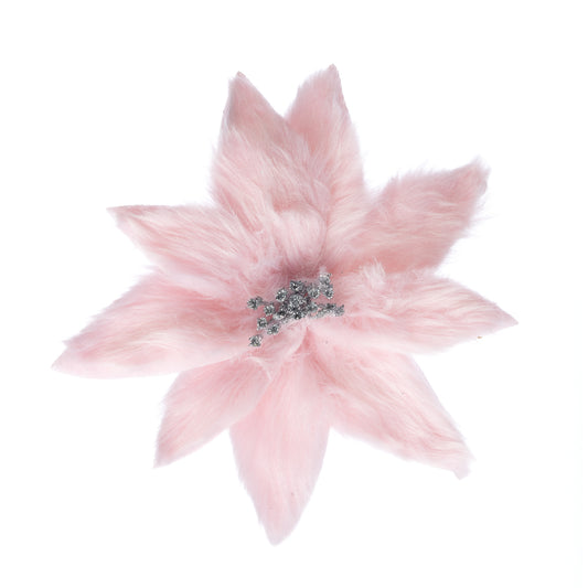 Decoratiune brad, floare Craciunita artificiala cu blanita, roz pudra, Ø26 cm