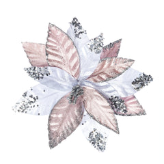 Decoratiune brad, floare Craciunita artificiala cu catifea, glitter si paiete, alb cu roz, Ø27cm