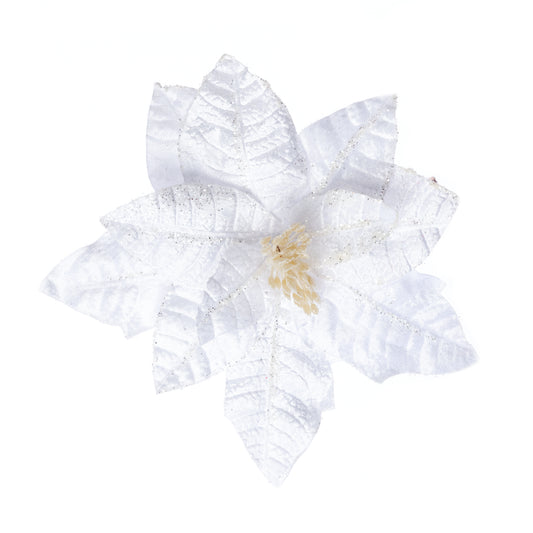 Decoratiune brad, floare Craciunita artificiala catifea, alb,  Ø26cm