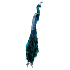 Decoratiune Craciun, Pasare Paun cu pene naturale, de agatat, albastru, 110cm