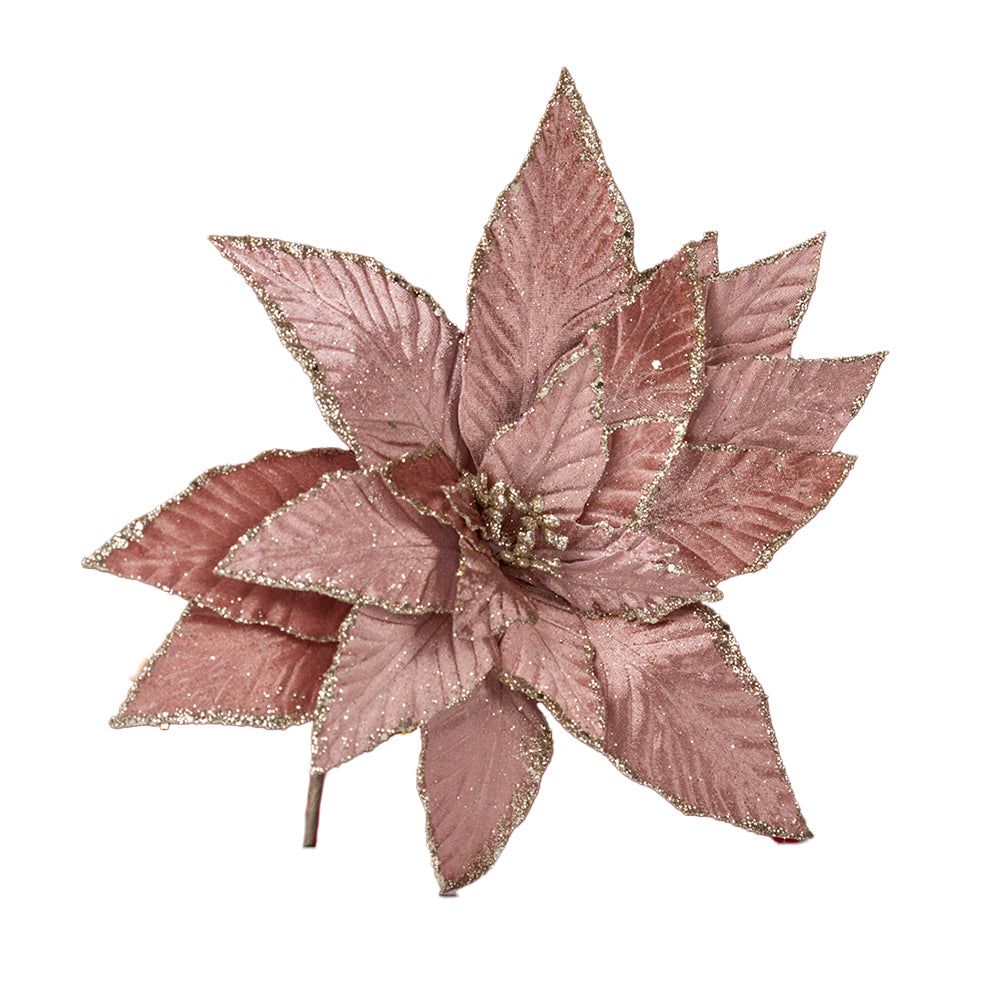 Decoratiune brad, floare Craciunita artificiala, cu catifea cu glitter Ø33 cm, maro coniac
