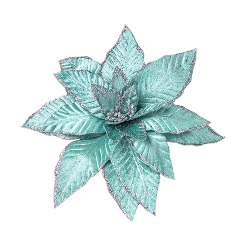 Decoratiune brad, floare Craciunita artificiala catifea cu glitter Ø33 cm, verde