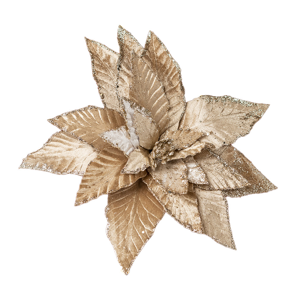 Decoratiune brad, floare Craciunita artificiala catifea cu glitter Ø33 cm, auriu nude