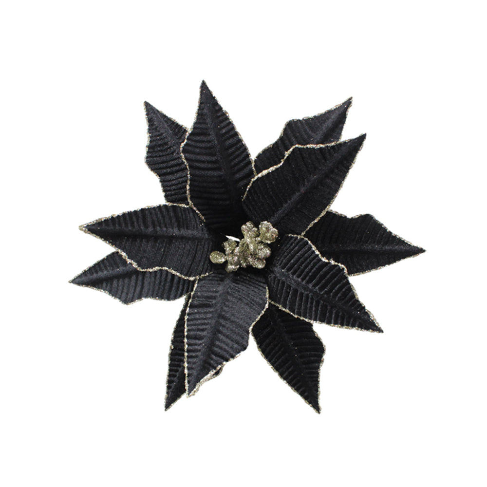 Decoratiune brad, floare Craciunita artificiala, catifea cu glitter, neagru, Ø28cm