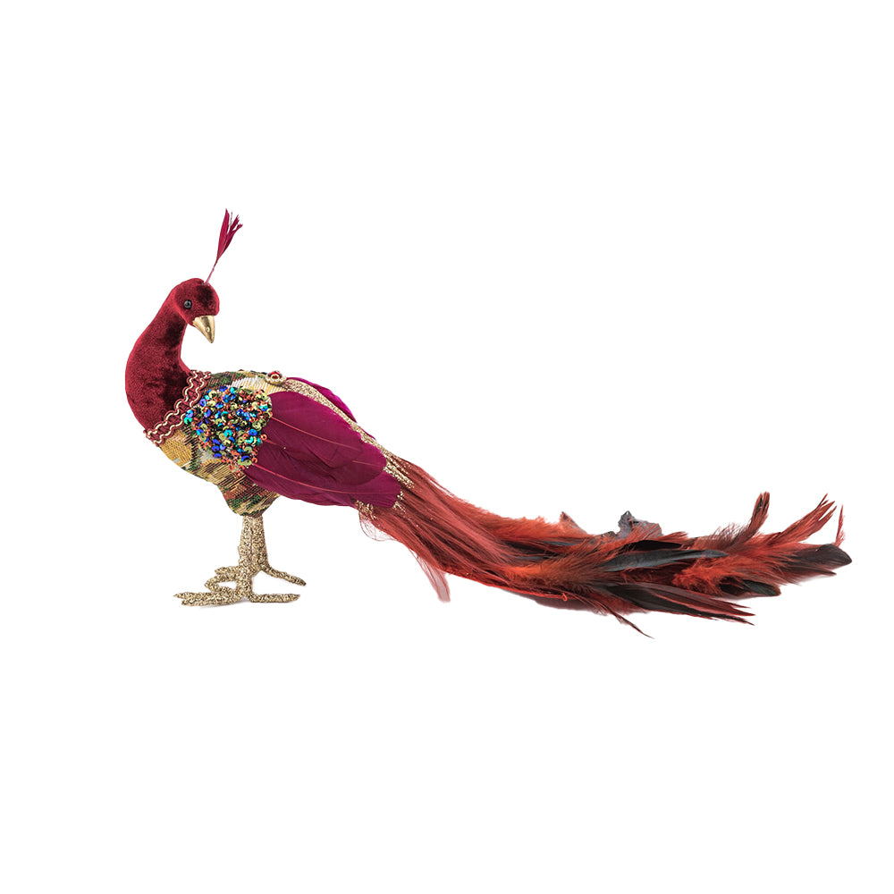 Decoratiune Craciun, Pasare Paun cu pene naturale, rosu, 38cm