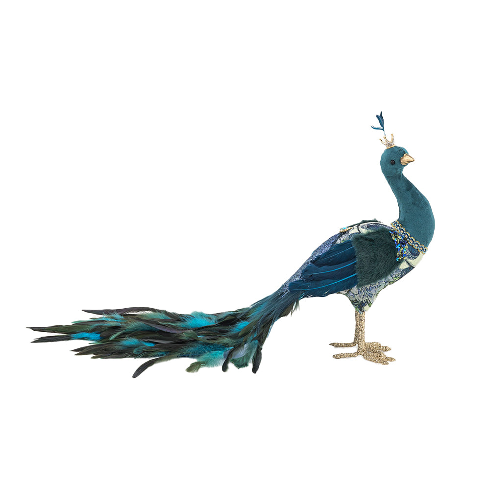 Decoratiune Craciun, Pasare Paun cu pene naturale, albastru, 52cm