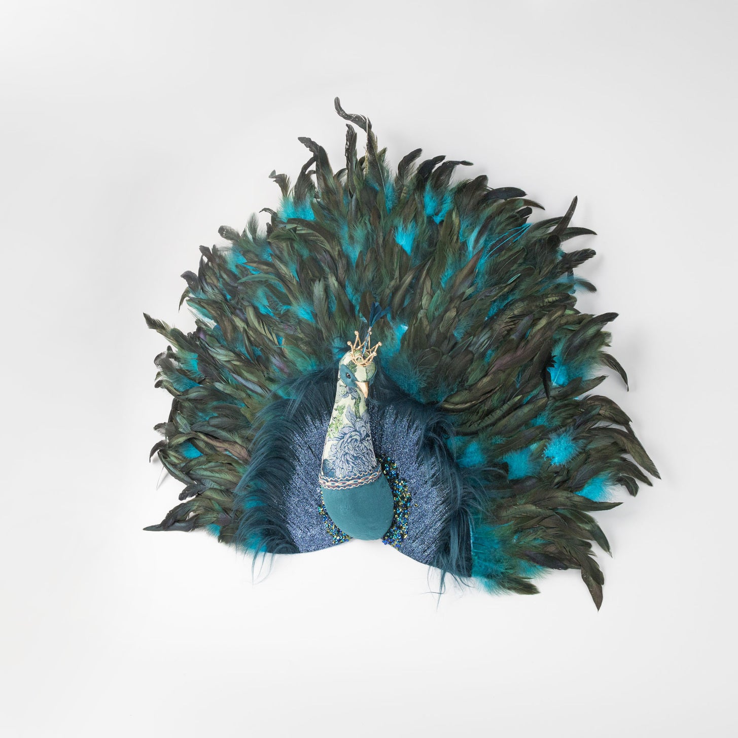 Decoratiune Craciun, Pasare Paun cu pene naturale, albastru, 60cm