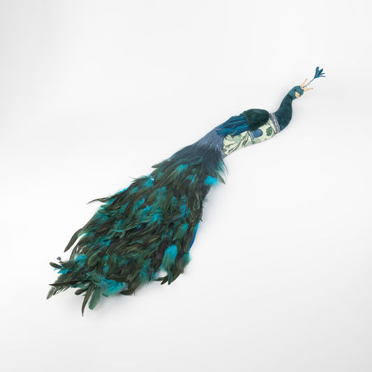 Decoratiune Craciun, Pasare Paun cu pene naturale, albastru, 110cm