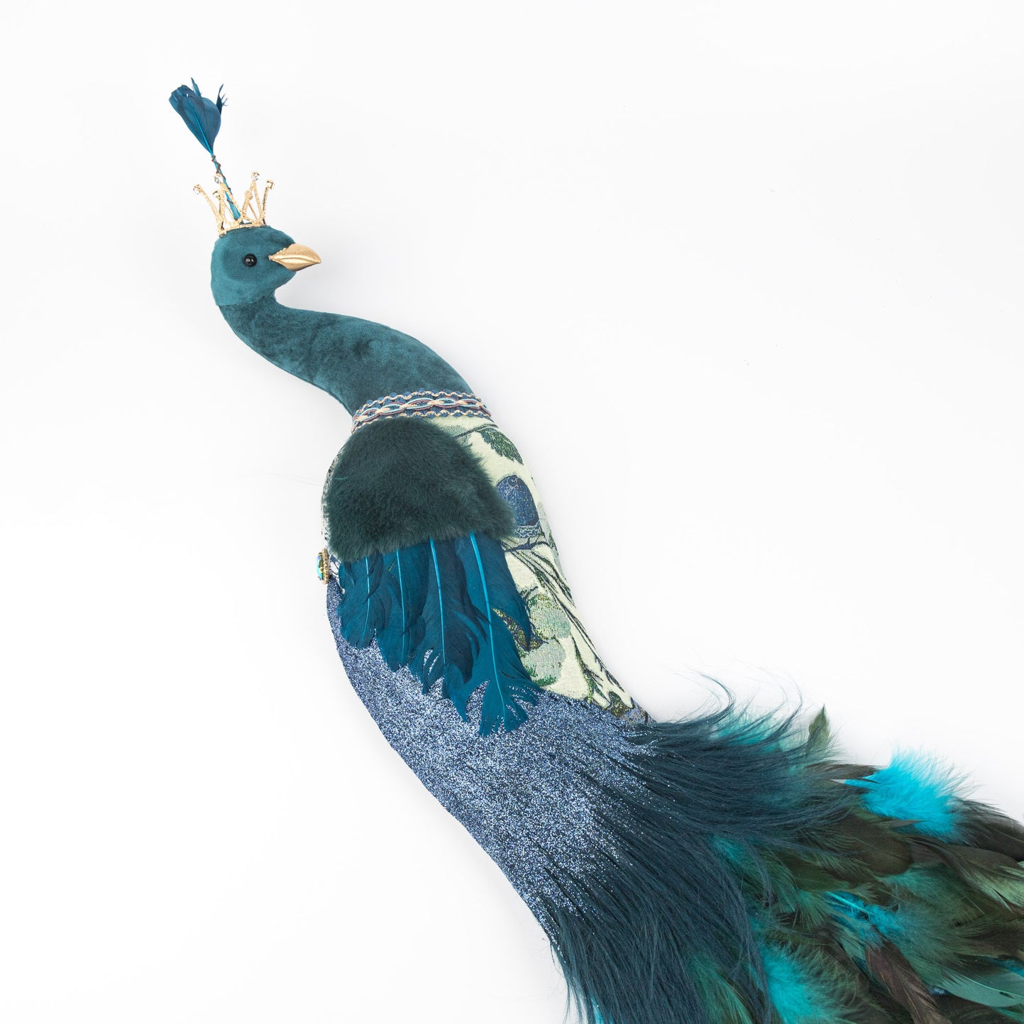Decoratiune Craciun, Pasare Paun cu pene naturale, albastru, 110cm