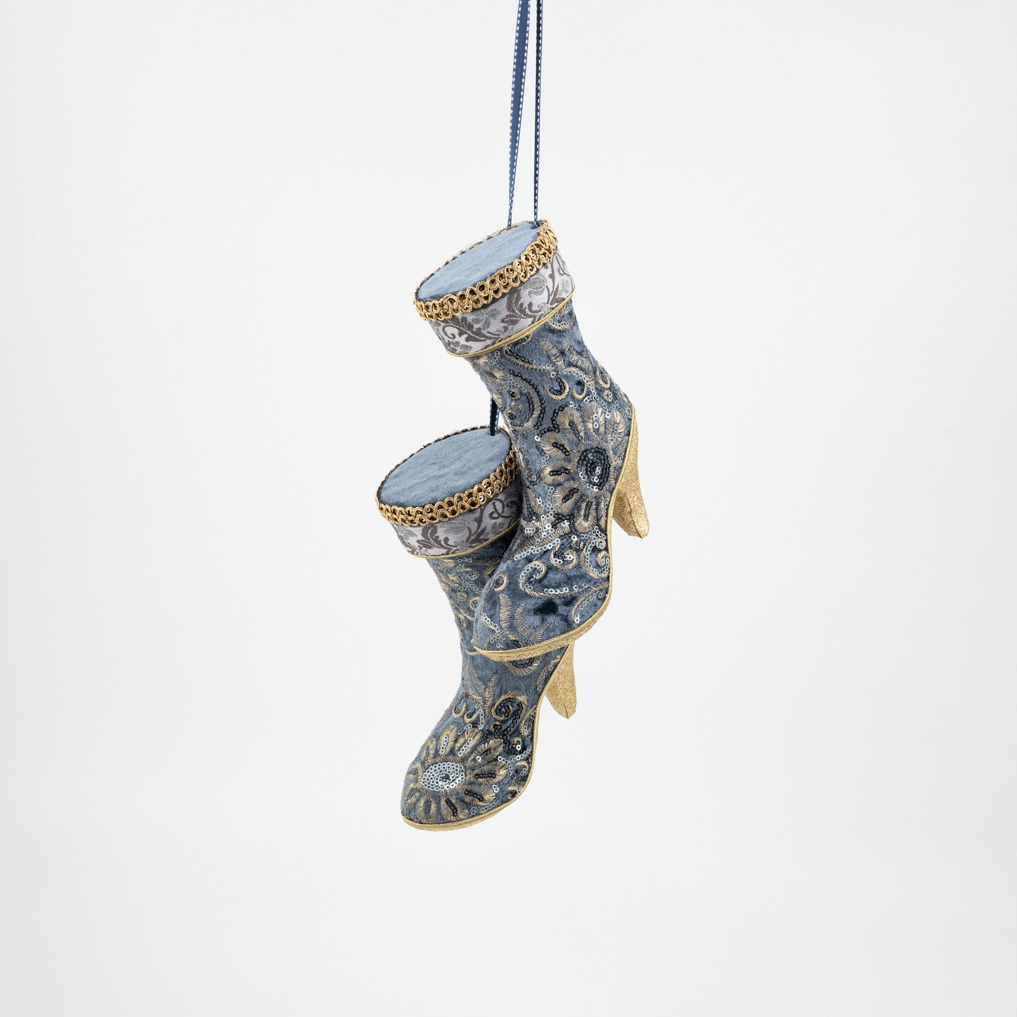 Decoratiune Craciun, Cizme de agatat, albastru indigo si auriu, 20cm