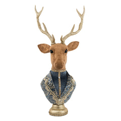Decoratiune Craciun, Cerb pe suport cu broderie si catifea, albastru indigo si auriu, 73cm
