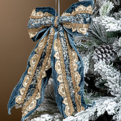 Decoratiune Craciun, Funda de agatat, albastru indigo si auriu, cu broderie si paiete, 45cm