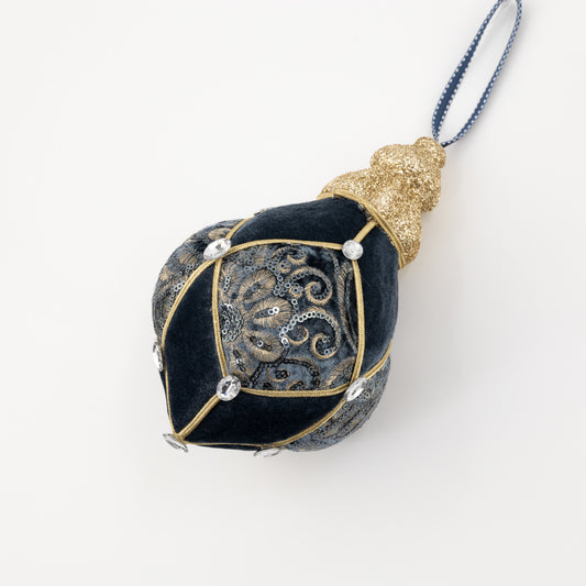 Decoratiune Craciun, Glob cu catifea, broderie cu paiete si pietre, albastru indigo si auriu, 21cm