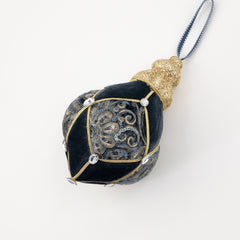 Decoratiune Craciun, Glob cu catifea, broderie cu paiete si pietre, albastru indigo si auriu, 31cm