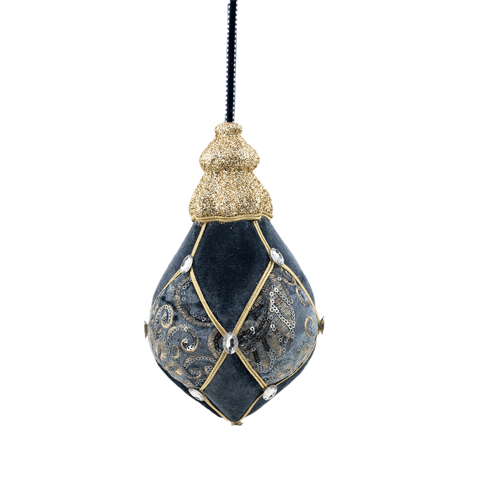 Decoratiune Craciun, Glob cu catifea, broderie cu paiete si pietre, albastru indigo si auriu, 21cm