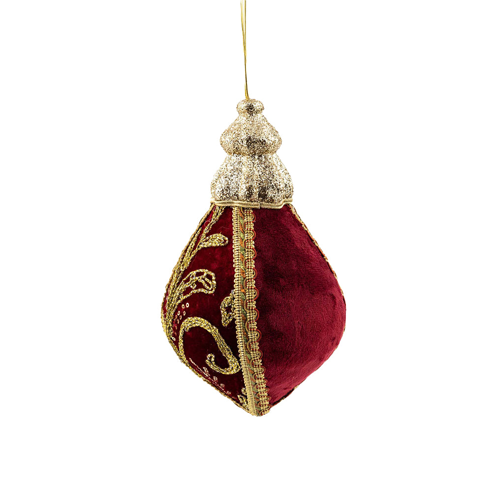 Decoratiune Craciun, Glob cu broderie si catifea, visiniu si auriu, 25cm