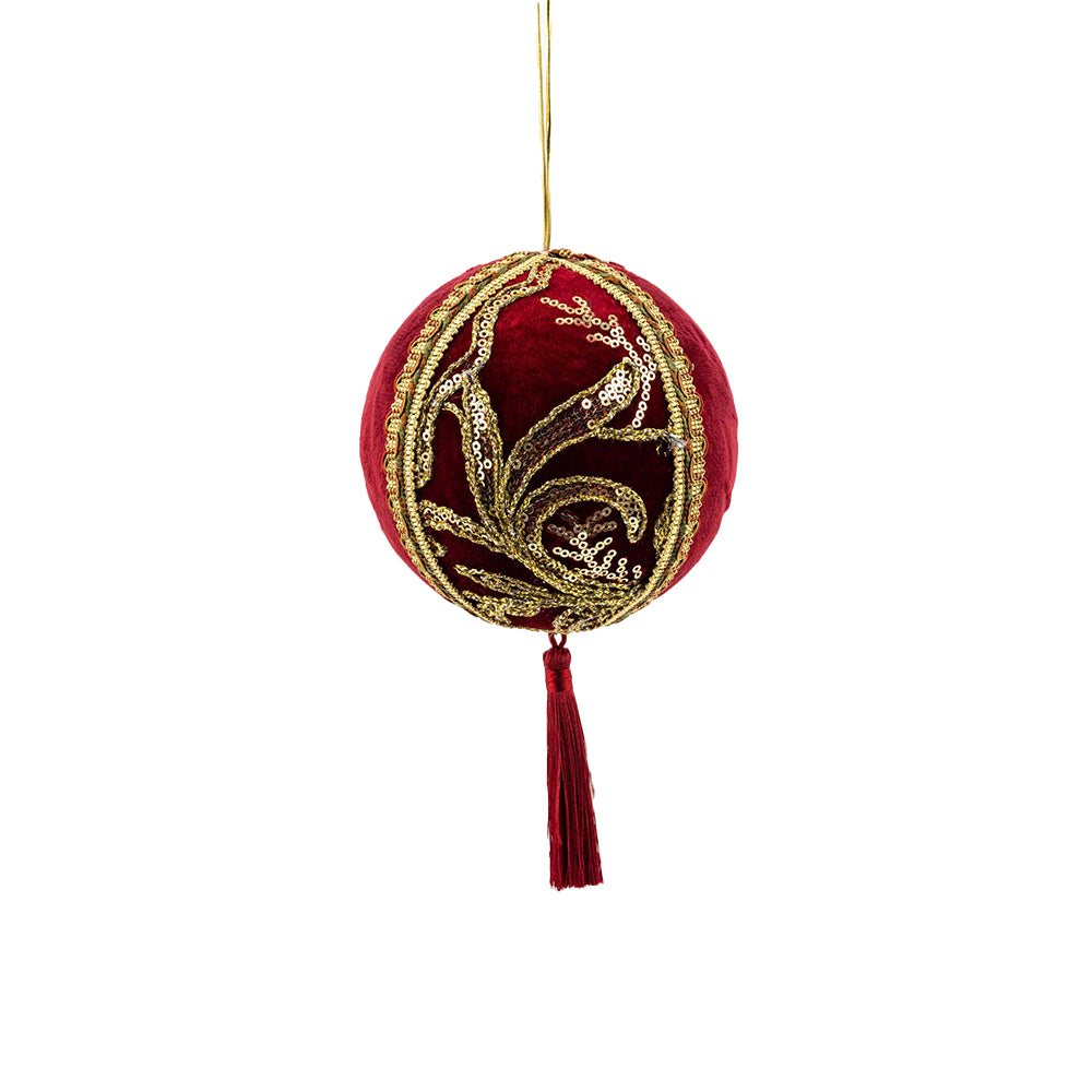 Decoratiune Craciun, Glob cu ciucure, cu broderie si catifea, visiniu si auriu, 26cm