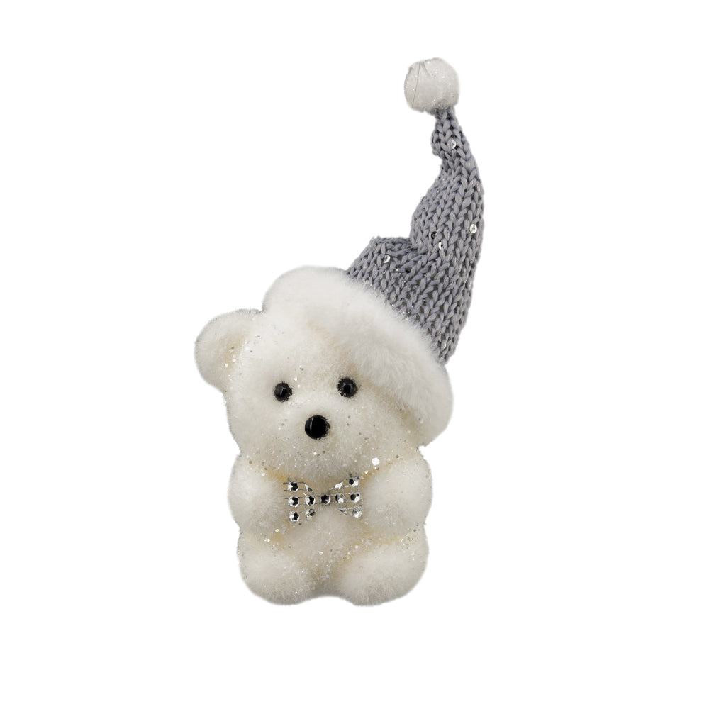 Decoratiune Craciun, Urs de agatat, cu caciula, alb cu argintiu, 14cm