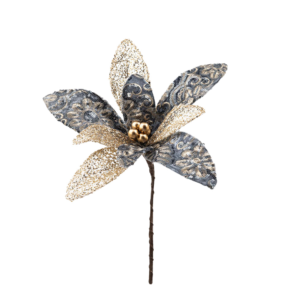 Decoratiune Craciun, Floare decorativa cu catifea si broderie cu paiete, albastru indigo si auriu, 37cm