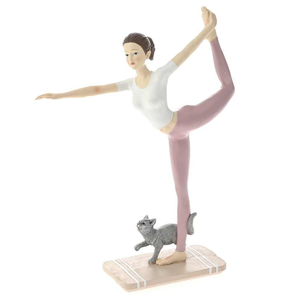Statueta femeie yoga cu pisicuta, Roz, 26cm