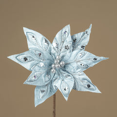 Decoratiune brad, floare Craciunita artificiala, catifea cu gliter, albastru, Ø26cm
