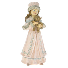 Decoratiune Craciun, Fata cu ursulet in brate, Roz pudra, 17cm