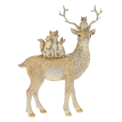 Decoratiune Craciun din rasina, Cerb cu animale, Auriu, 20cm