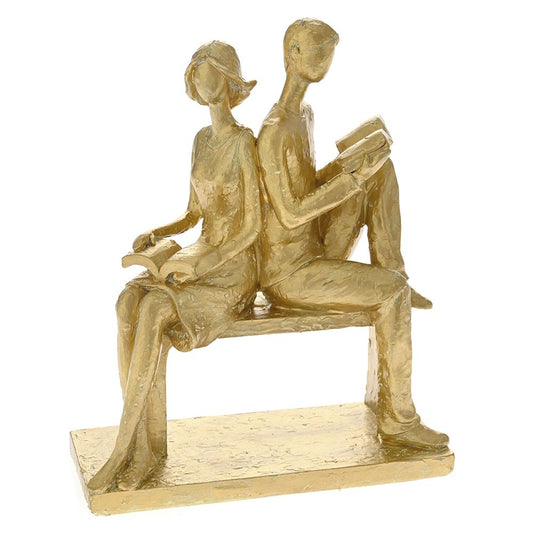 Statueta cuplu pe banca din rasina, Auriu, 22cm