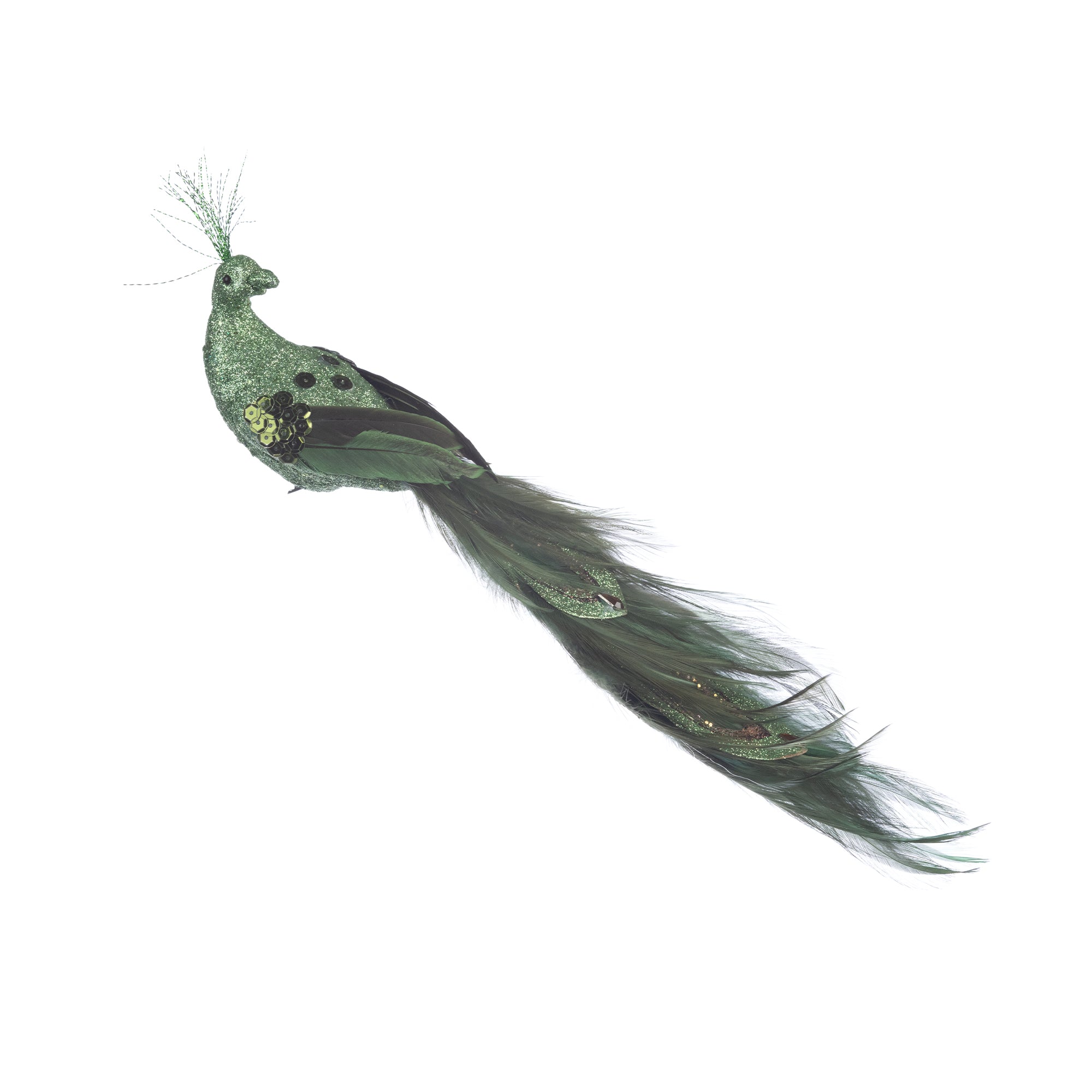 Decoratiune Craciun, pasare paun cu gliter si strasuri verde, 28cm