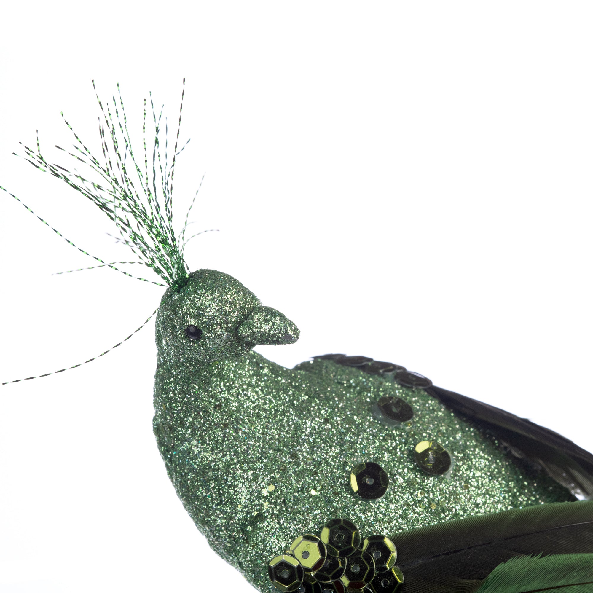 Decoratiune Craciun, pasare paun cu gliter si strasuri verde, 28cm