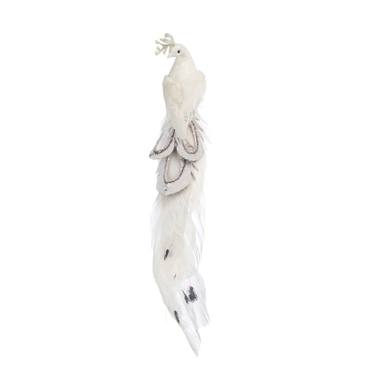 Decoratiune Craciun, Paun pasare cu gliter, alb, 38cm