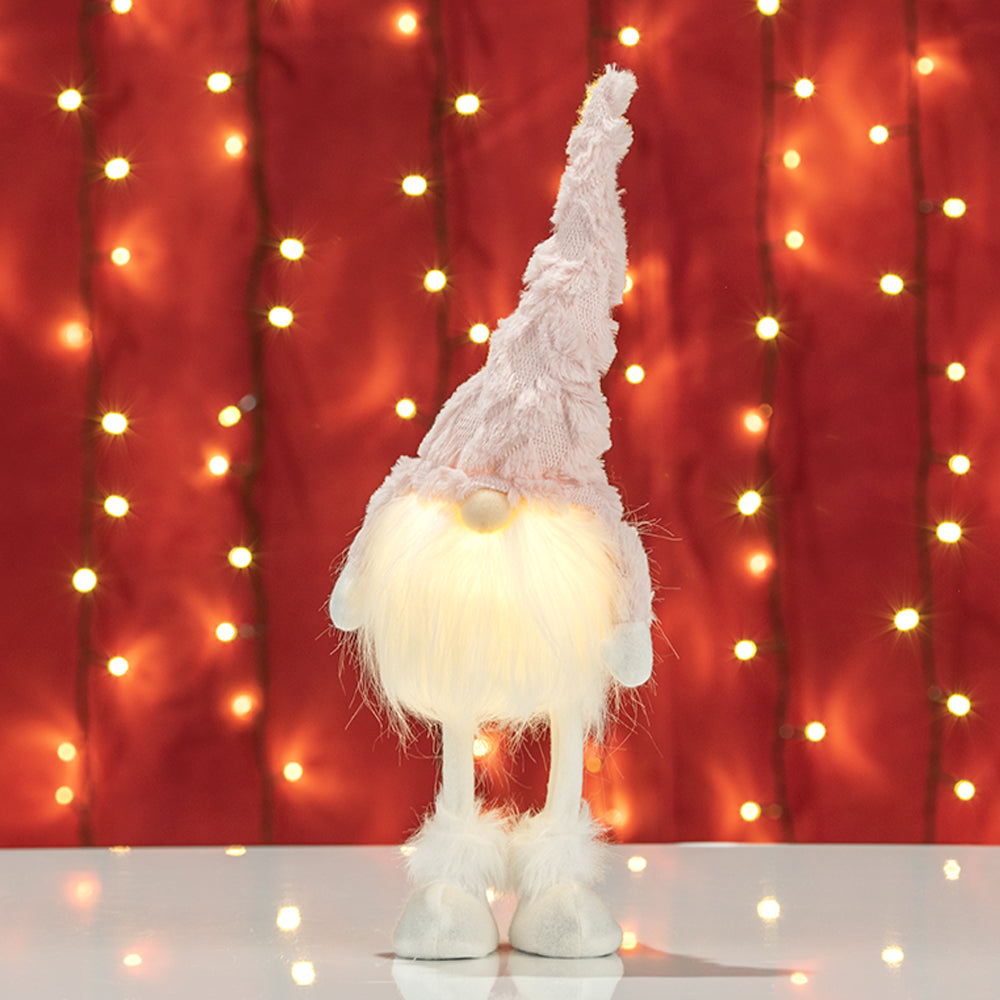 Decoratiune Crăciun, Gnom cu picioare pe arc cu led, Roz, 46 cm