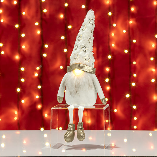Decoratiune Crăciun, Gnom stând in sezut cu led, 52 cm, Bej