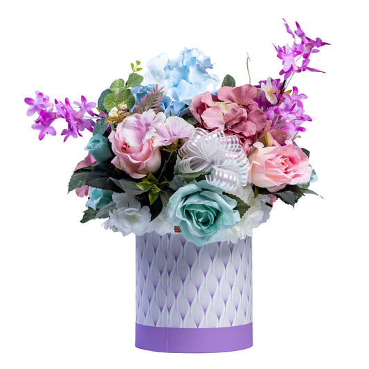 Aranjament in cutie rotundă mov cu flori de mătase și flori artificiale