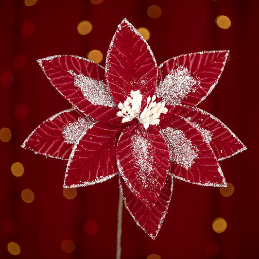 Floare decorativa pentru Craciun din catifea, Rosu nins