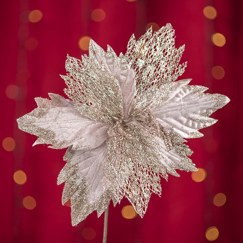 Floare decorativa pentru Craciun din catifea cu glitter, Roz, Ø28cm