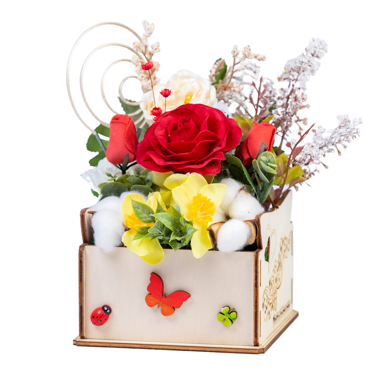 Aranjament in cutie de lemn pătrată cu flori artificiale și flori de mătase