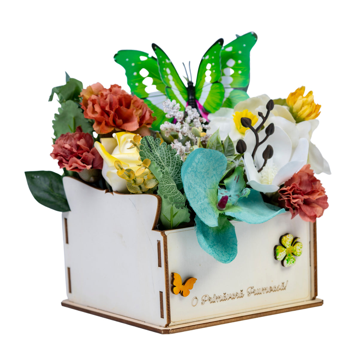 Aranjament in cutie de lemn pătrată cu flori artificiale