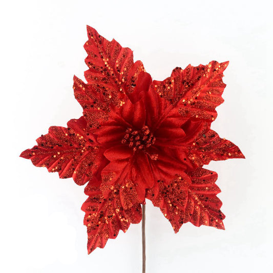 Floare decorativa pentru Craciun din catifea cu glitter, Rosie