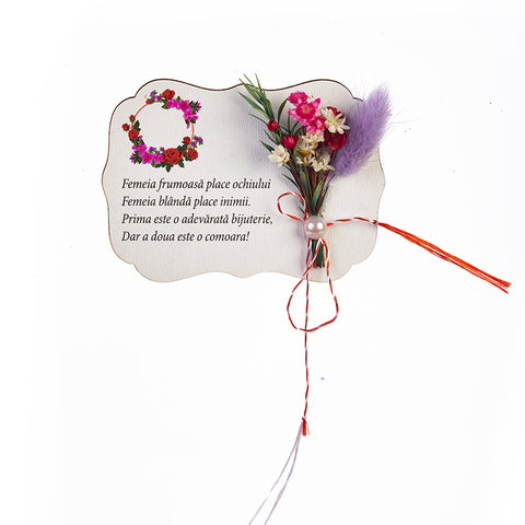 Martisor print UV cu buchetel flori uscate, diverse mesaje