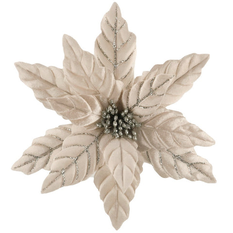 Decoratiune brad, floare Craciunita artificiala cu catifea si glitter, sampanie cu argintiu, Ø26 cm