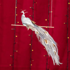 Decoratiune Craciun, Pasare, Paun cu strasuri și pene naturale, 30 cm, Argintiu