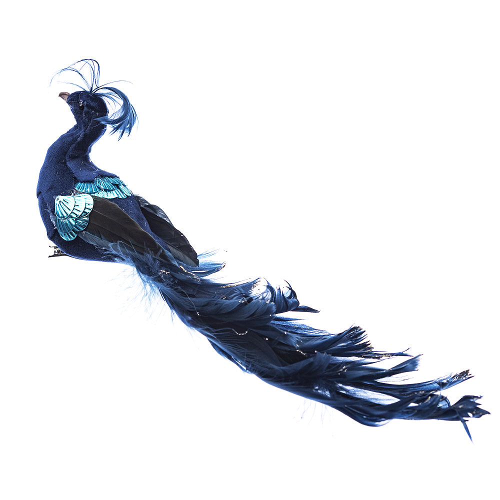 Decorațiune Craciun, Pasare, Paun pene naturale, 28 cm, Albastru