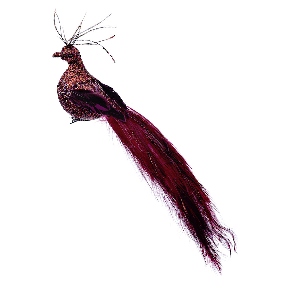 Decoratiune Craciun, Pasare, Paun pene naturale, 26 cm, Rosu