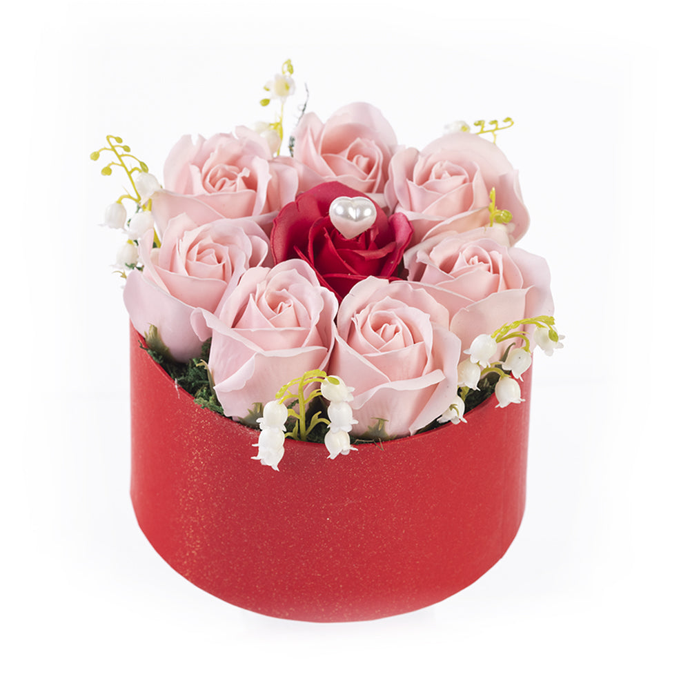 Aranjament floral, cutie rotunda cu 9 trandafiri de sapun, rosie