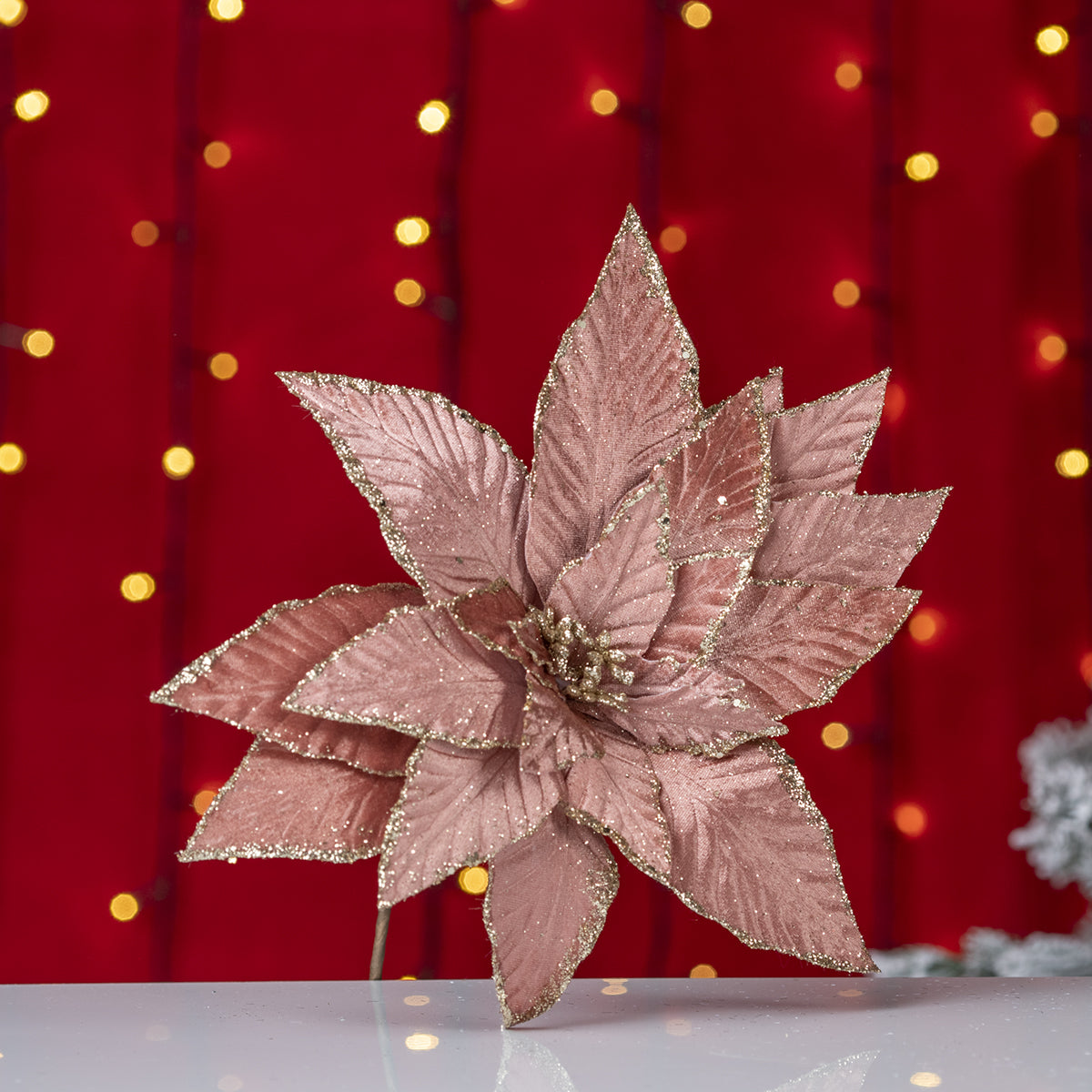 Decoratiune brad, floare Craciunita artificiala, cu catifea cu glitter Ø33 cm, roz auriu